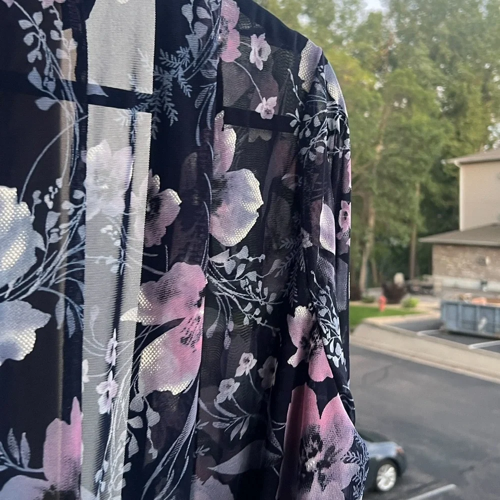 🆕 R&M Richards 22W Navy Pink Floral Mesh Jacket Kimono Cardigan Duster Plus Size - Picture 6 of 16